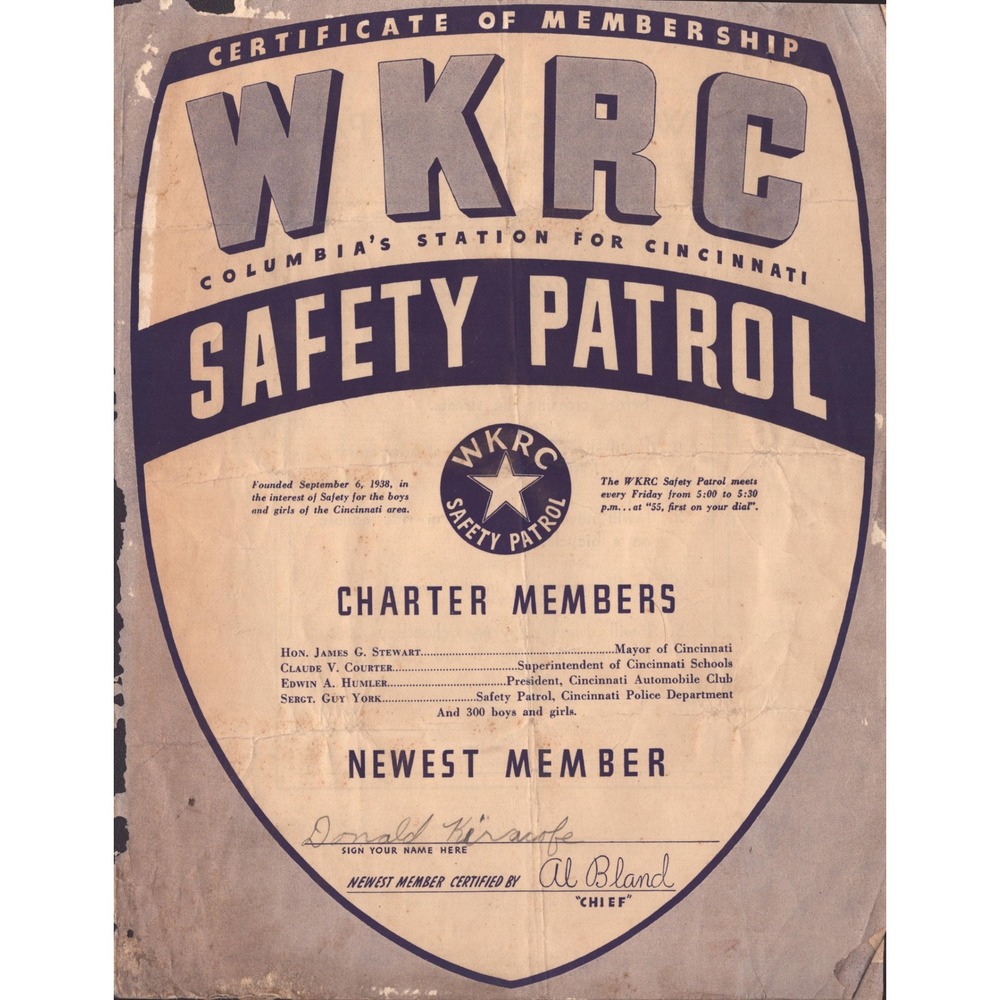 Vintage 1938 WKRC Safety Patrol Membership Certificate Cincinnati Al Bland Song - Picture 1 of 3